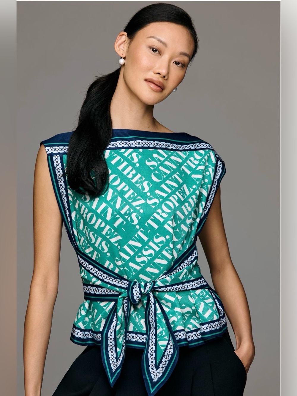 Anthropologie Maeve Boat-Neck Sleeveless Tie-Front Top